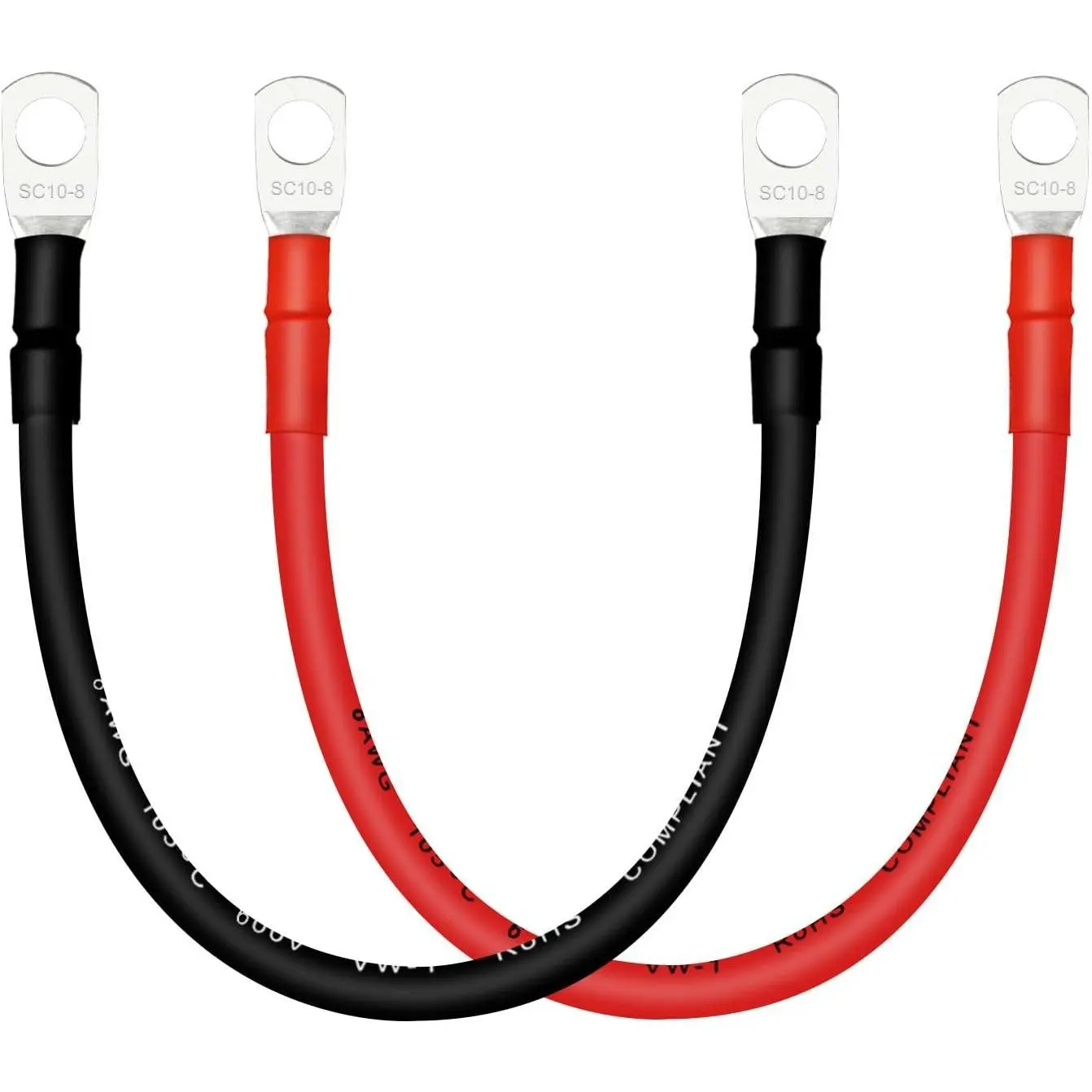 8 AWG Battery Cables with Terminals, 2PCS Copper Battery Cables with 5/16 ring terminals(Positive & Negative,1FT).