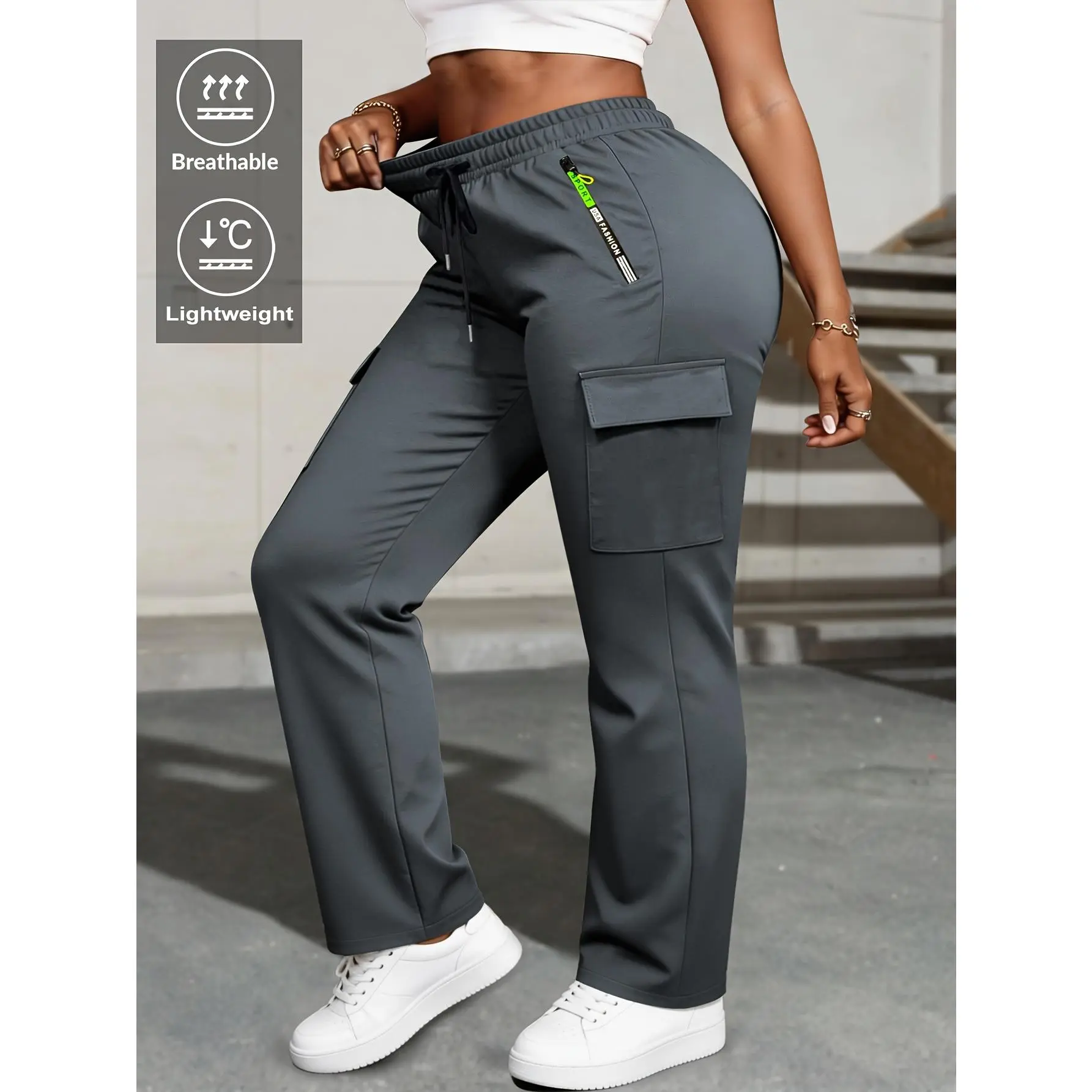 Spring & Autumn Trendy Women Cargo Pants, Zipper Pocket Overalls with Drawstring Elastic Waist, Lightweight Breathable Multi-Pocket Casual Trousers, Soft Stylish Daily Wear for Ladies, Popular Casual Bottoms All Season