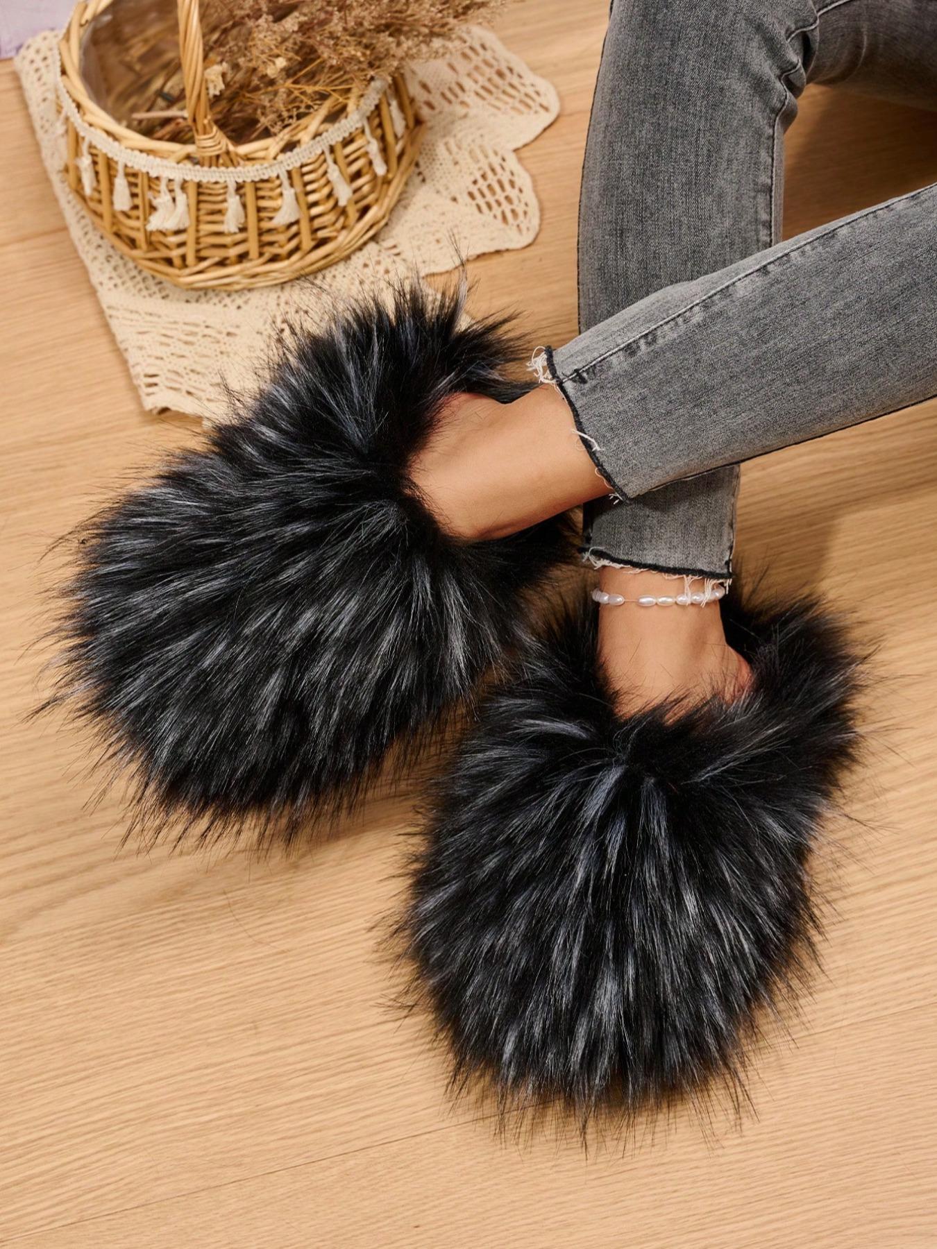 Women's Fashionable Minimalist Fluffy Slide Slippers, Soft Plush Faux Slippers, Fuzzy Warm Slippers, Warm & Cozy Bedroom Slippers for Fall & Winter, Fluffy Home Slippers