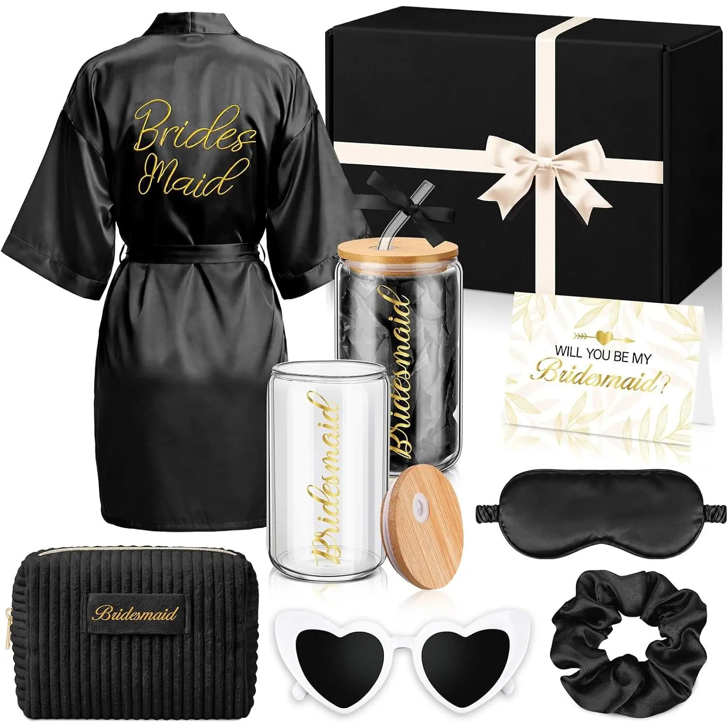 8 count Bridesmaid Proposal Gifts Set for Women, Will You Be My Bridesmaid with Robe Makeup Bag Glass Cup Sunglasses Sleep Mask Scrunchie  Box for Bridal Shower Wedding Party(Black)