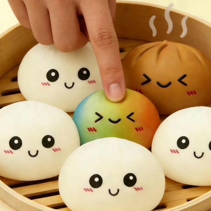 Surprise Blind Box Dumpling Squishy - Mysecret Bun Fidget Toy with Steamer, Collectible Kawaii Dough Ball (70% White, 20% Golden, 10% Rare Rainbow), Sensory Stress Relief Toy for Kids & Adults