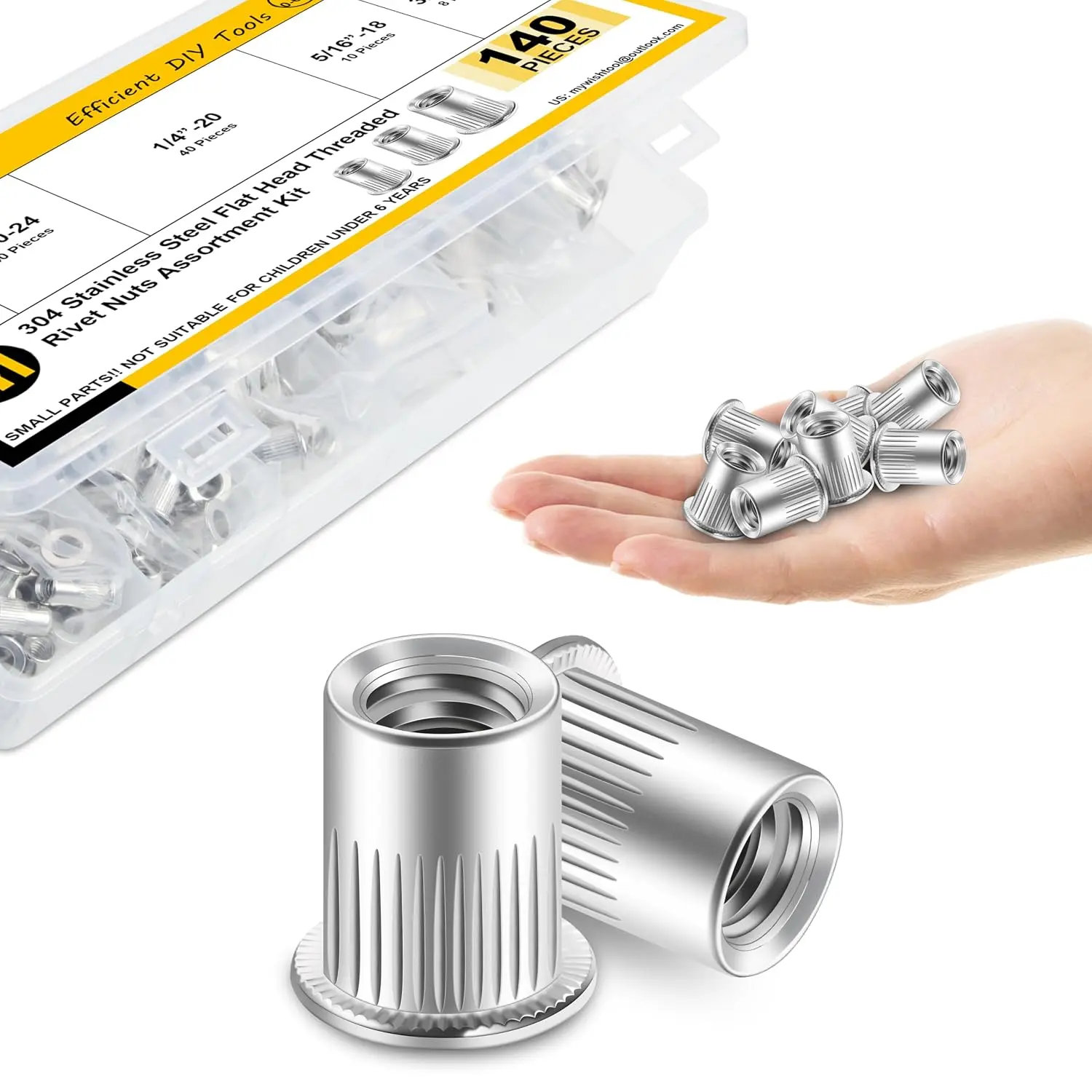 140 count Rivet Nut Rivet Nuts  Kit, #8-32#10-24 1/4"-20 5/16"-18 3/8"-16, 304 Stainless Steel Hardware Nuts, Knurled  Rivnut Kit, Nutsert Threaded Inserts for  & Metal By