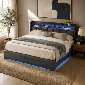 ARCH Upholstered Platform Bed Frame - Queen, Grey, with LED Lights, Hydraulic Storage, Charging Station, Noise-Free, No Box Spring Needed, Easy Assembly