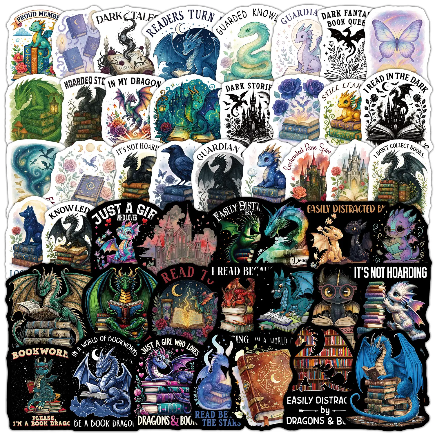 50Pcs Fantasy Book Dragon Stickers, Planner Accessories Office Products Back To School Supplies, Waterproof Magic Bookworm Decals for Water Bottle Laptop Cup
