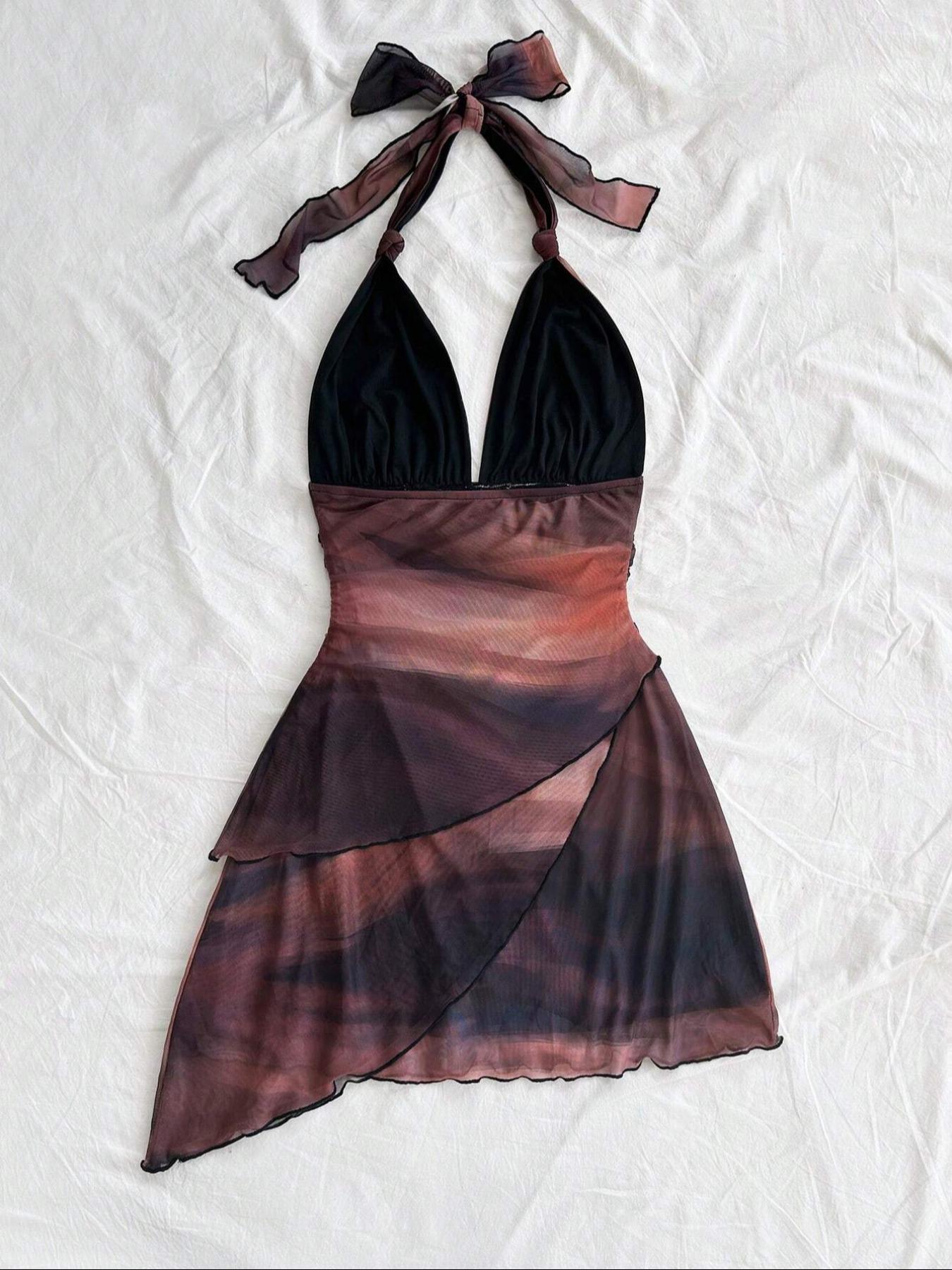 Women's Colorblock Print Tie Back Fashion Draped Dress, Chic Casual Halter Sleeveless Dress for Summer, Ladies Clothes for Beach Holiday Vacation