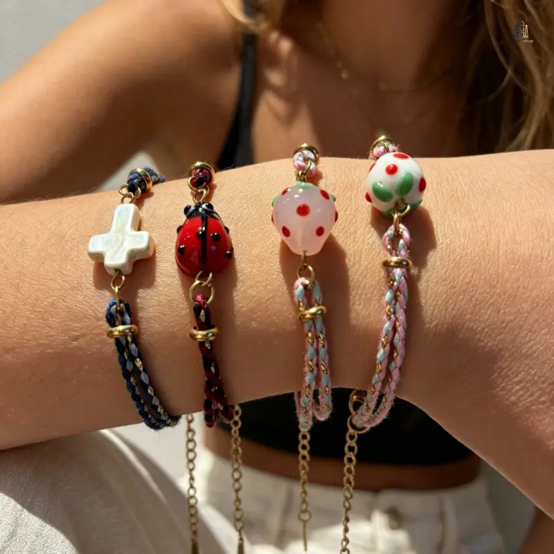 Colorful Ceramic Beaded Bracelet with Strawberry Cross Charms, Lightweight Female Stainless Steel Jewelry for Comfortable Daily Wear, Beaded String, Comfortable Fit, All Seasons