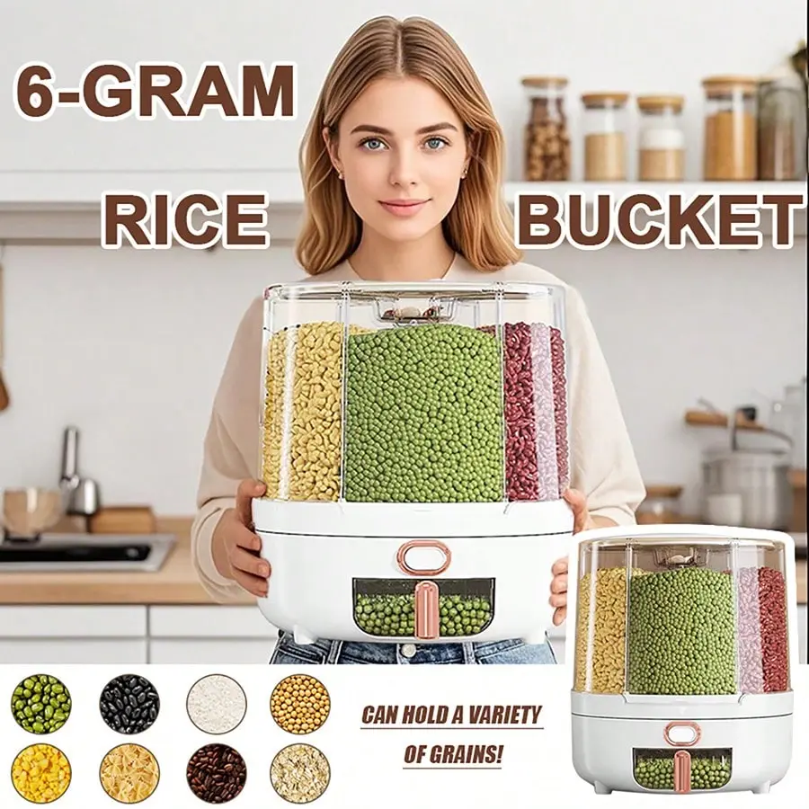 6-Grid 360° Rotating Rice Dispenser, Large Capacity Cereal Storage Container With Drawer, No-Spill Dry Food Organizer For Rice Beans Grains Nuts, Moisture-Proof Kitchen Pantry Storage Bin