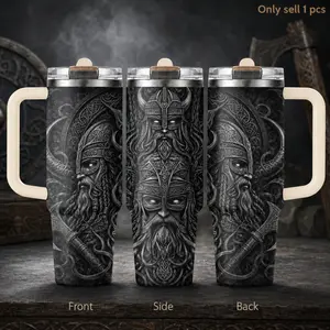 Viking Adventure 40oz Vacuum Tumbler – 3rd Gen Stainless Steel Insulated Cup with Handle & Straw Lid for Coffee, Water, Gym, Office, Road Trips, Car Holder, Norse Mythology Gift