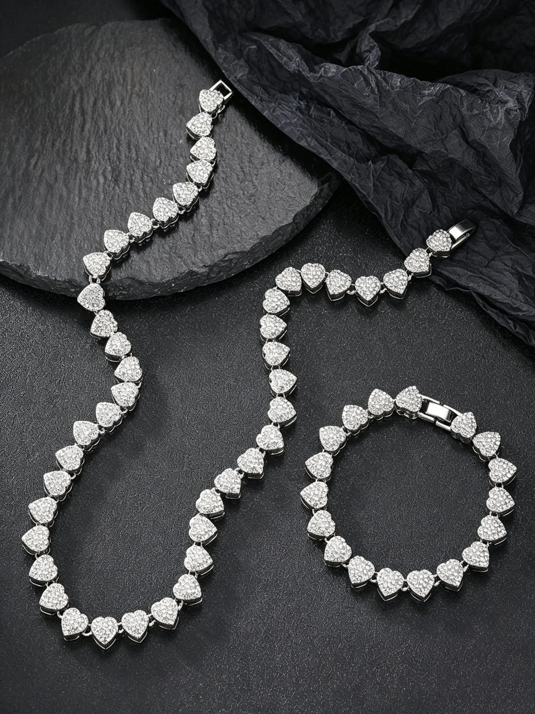 Luxury Heart Rhinestone Necklace Bracelet Set, Unique High-End Party Commute Jewelry, Silver Color Full Diamond Heart Pendant Necklace, Jewelry Sets