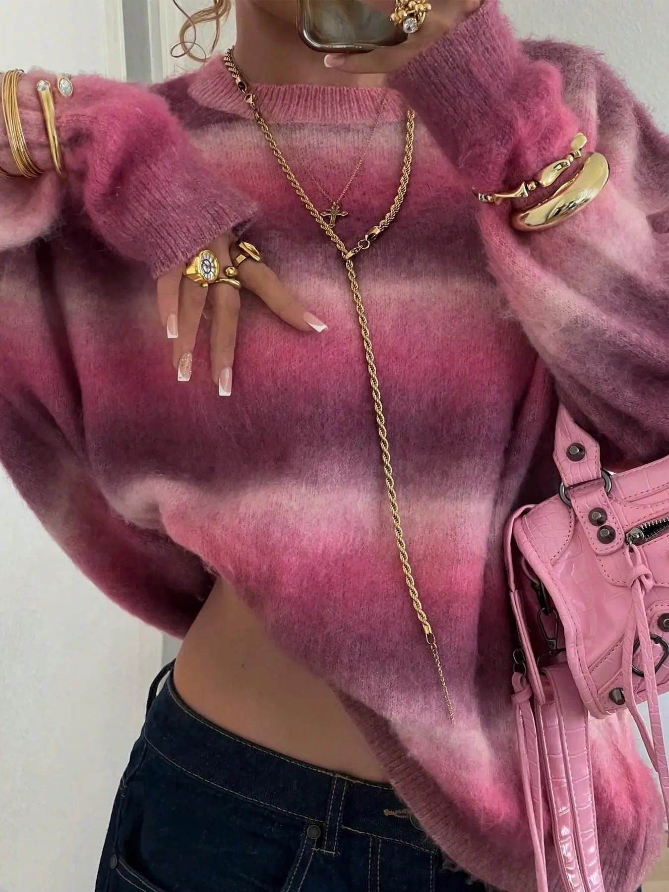 Women's Cute Casual Space Age Colorful Y2K Loose Long Sleeve Knit Sweater Top, Stylish Pullover for Everyday Wear, Comfortable and Trendy, Knitwear