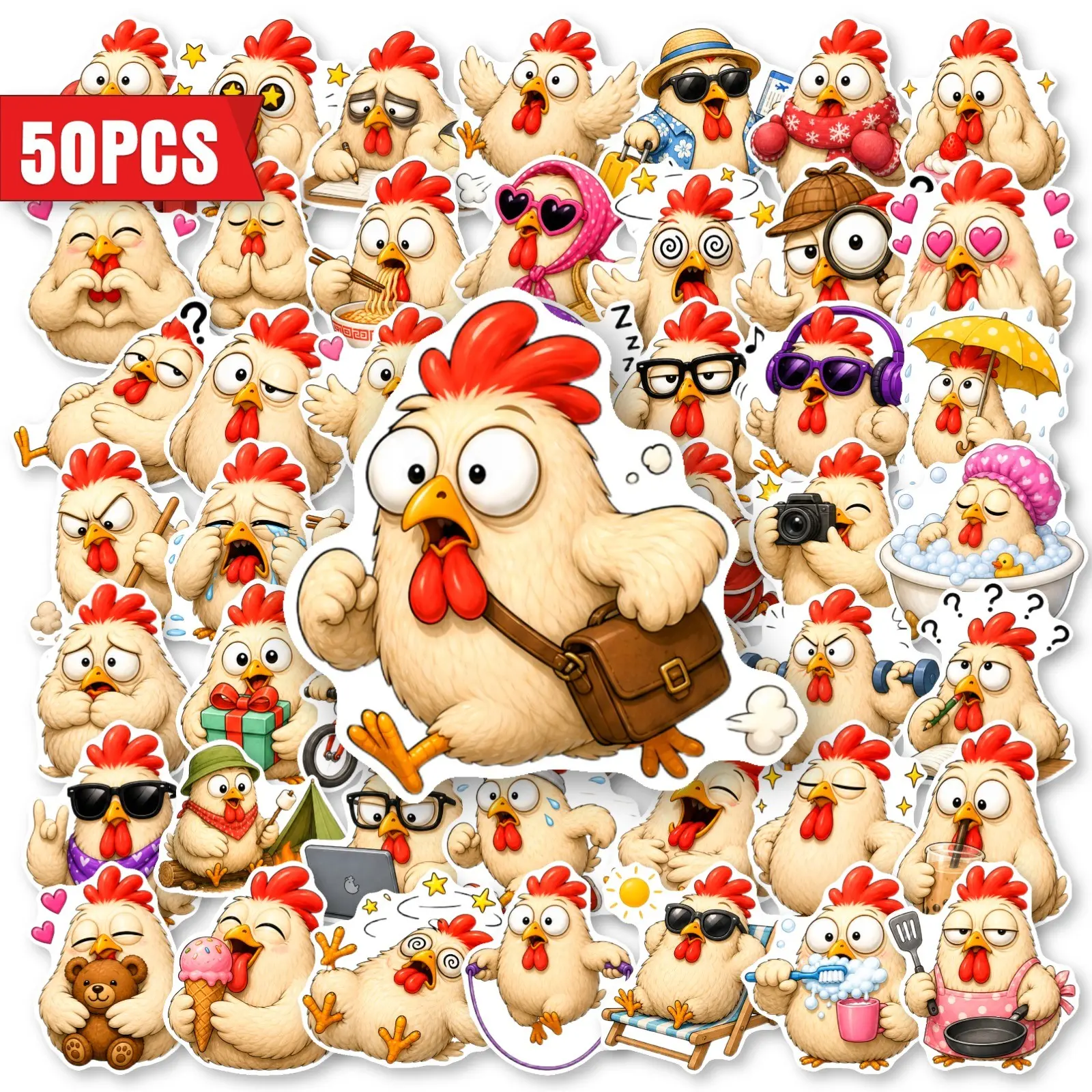 50 Sheets Cute Chicken Stickers, Waterproof PP Cartoon Sticker Set, Ideal for Water Bottles, Laptops, Suitcases, DIY Crafts, Party Gifts