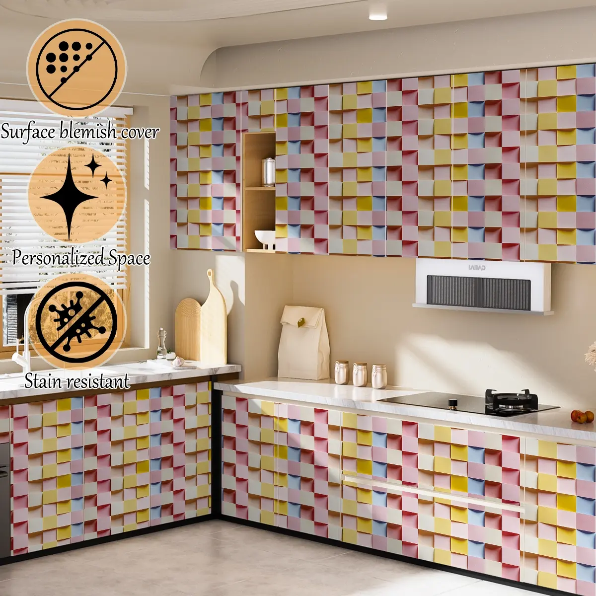Peel and Stick PVC Wallpaper, Color Square Geometric Self Adhesive Wall Paper, Removable DIY Decor for Bedroom Living Room Office