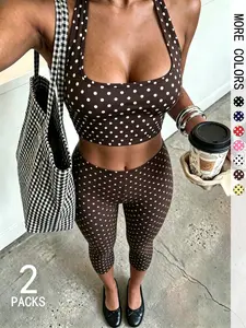 2 Pack Women's Polka Dot Halter Top and Capris Outfits, Boho Summer Outfits, Sleeveless Crop Top with High Waist Bodycon Capri Pants, Casual Streetwear Sets for Daily, Workout and Vacation Womenswear