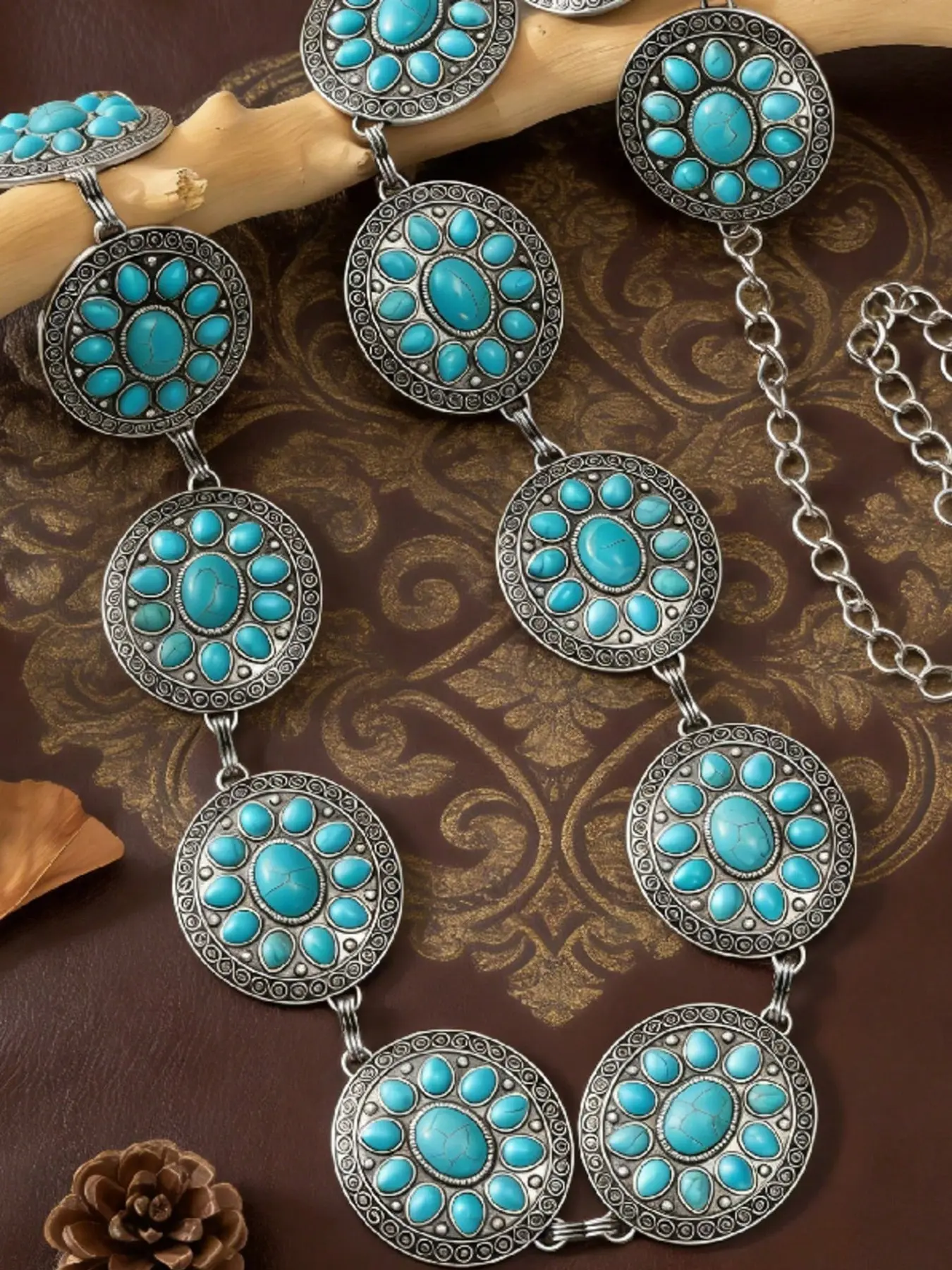 Vintage Floral Pattern Teardrop Turquoise Zinc Alloy Waist Chain, Women's Silver Color Belt, Daily & Festival Wear, All Seasons, Western Jewelry