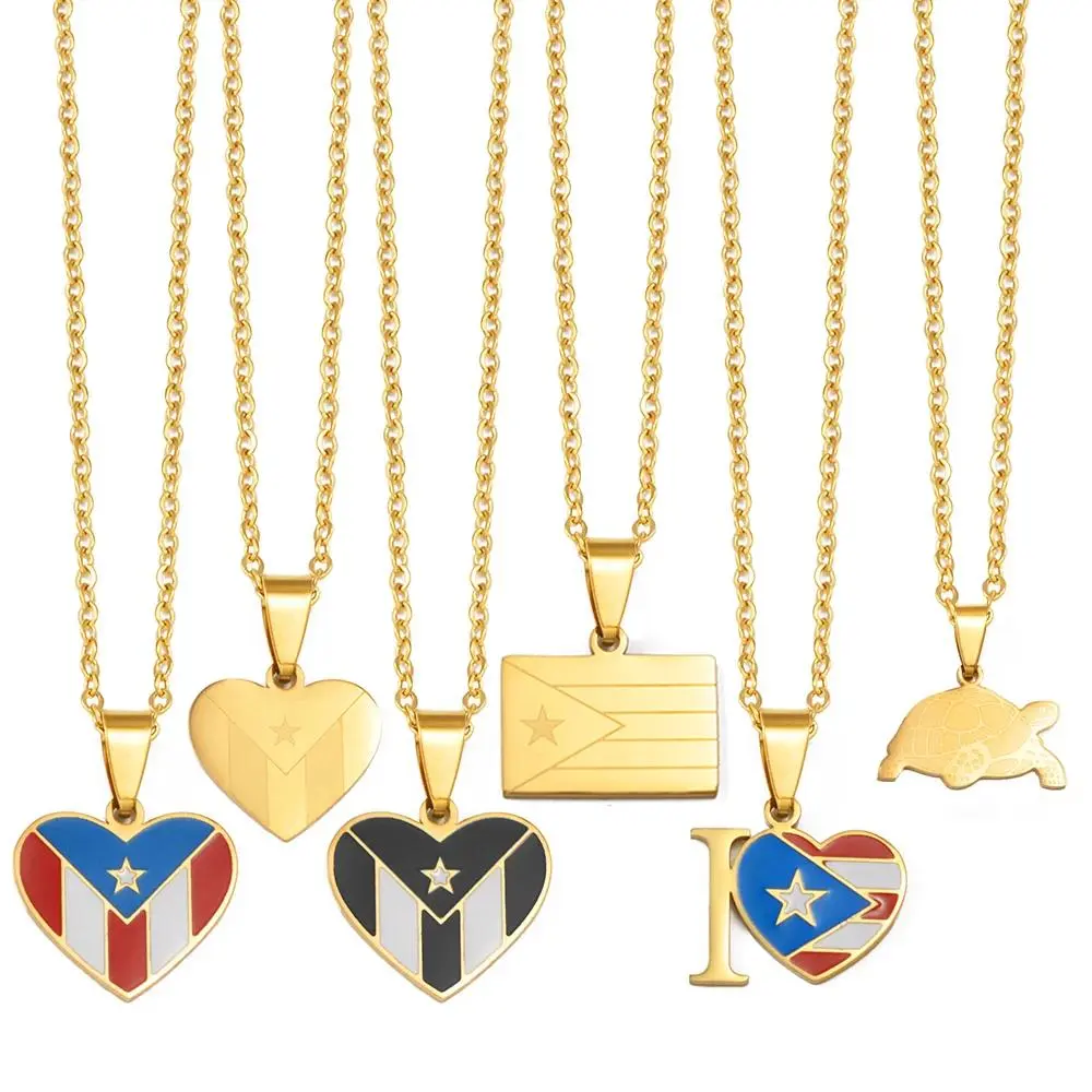 Heart Rectangle Puerto Rico Flag Pendant Necklaces For Woman Turtle Sea Turtle Stainless Steel PR Jewelry #564062