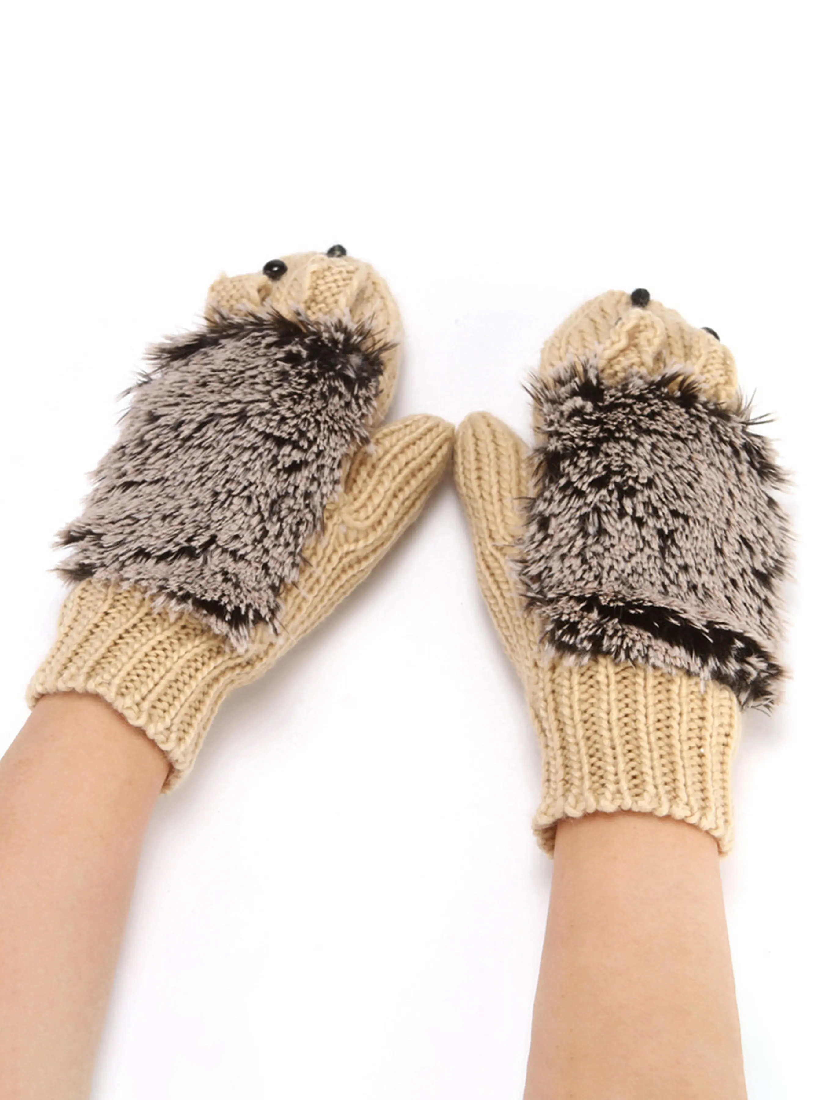 Women's Winter Knit Gloves, Thickened Fleece Full Finger Mitts, Patterned Animal Head Design, Travel Warm Handwear for Cold Weather
