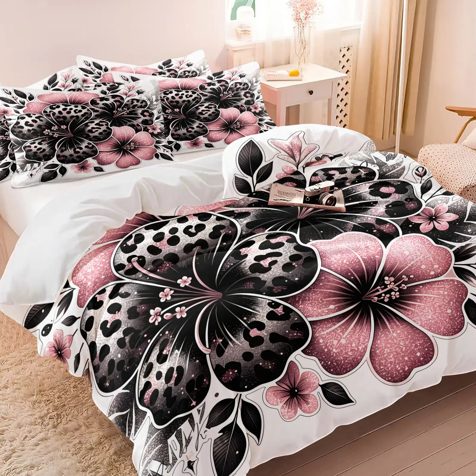 3PCS White Base Pink Leopard Hibiscus Flower Duvet Cover Set, Comfy Bedding Sets, Floral Leopard Texture HD Digital Print, Soft Cozy Skin-Friendly All Seasons Bedding, Trendy Girls Bedroom Decor