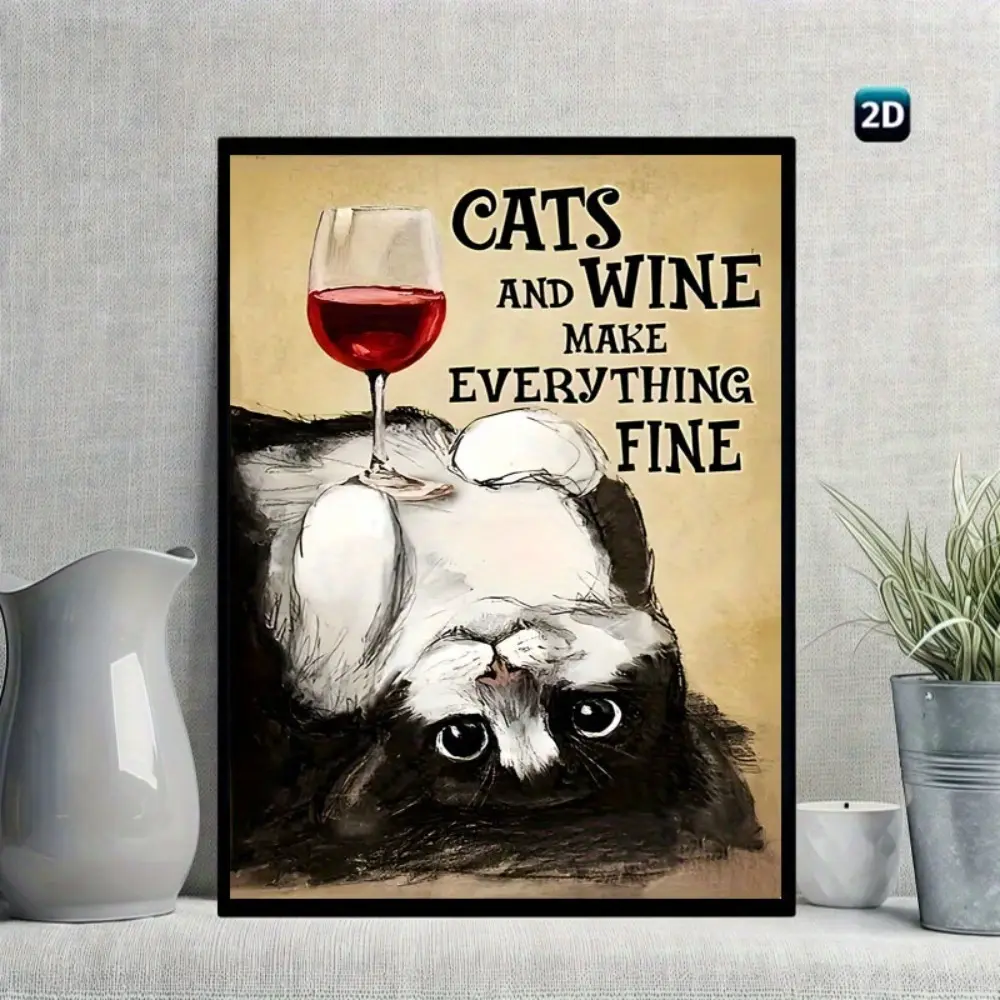 2D flat artwork: 1 canvas print poster titled “Cats and Wine Make Everything Better,” ideal as wall art for wine lovers and cat lovers. Suitable for living rooms, bedrooms, offices, and dining rooms. A work of art—the perfect gift and decorative piece.