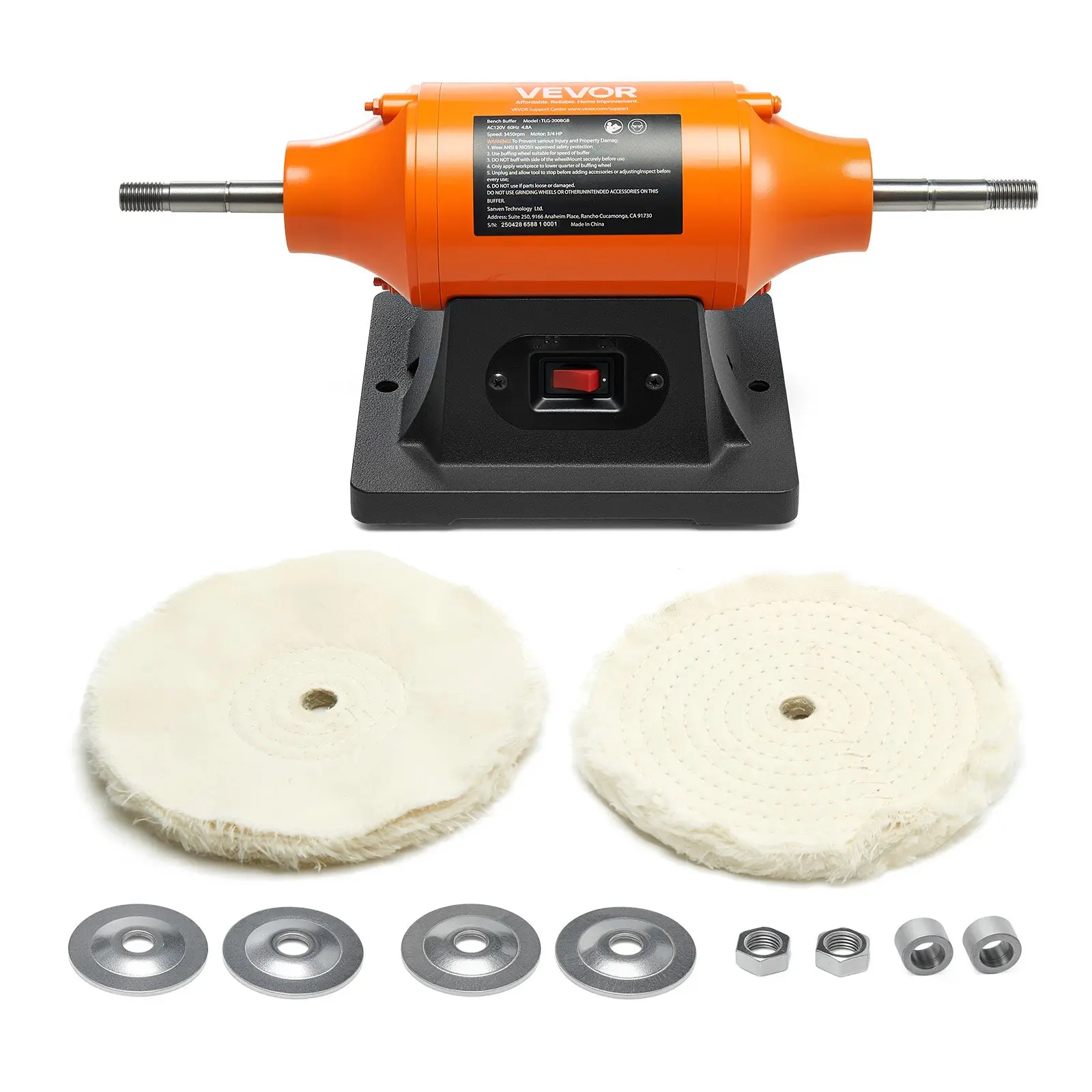 VEVOR 3/4HP Bench Buffer Polisher, 8-inch Bench Polishing Buffing Machine, 3450RPM Single Speed Benchtop Polisher with 2PCS Cloth Wheels Cast Iron Base for Metal, Jewelry, Wood Polishing