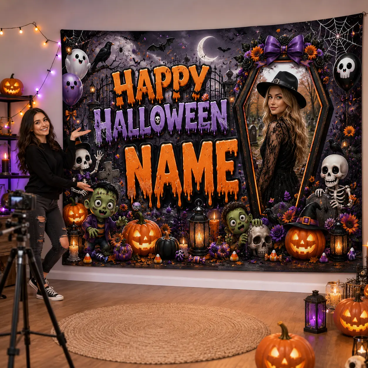 Personalized Gothic Cemetery Halloween Backdrop Banners - Artwork with Photo, Name, Skeletons, Pumpkins, Ravens, Purple Bows, Geometric Accents, Flower Details for Festive Home & Party Supplies