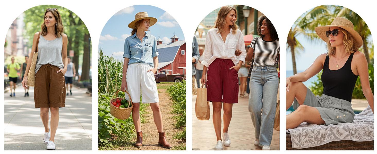 Womens Bermuda Shorts High Waist Drawstring Loose Capris Wide Leg Comfy Summer Beach Casual Dressy Pant with Pockets