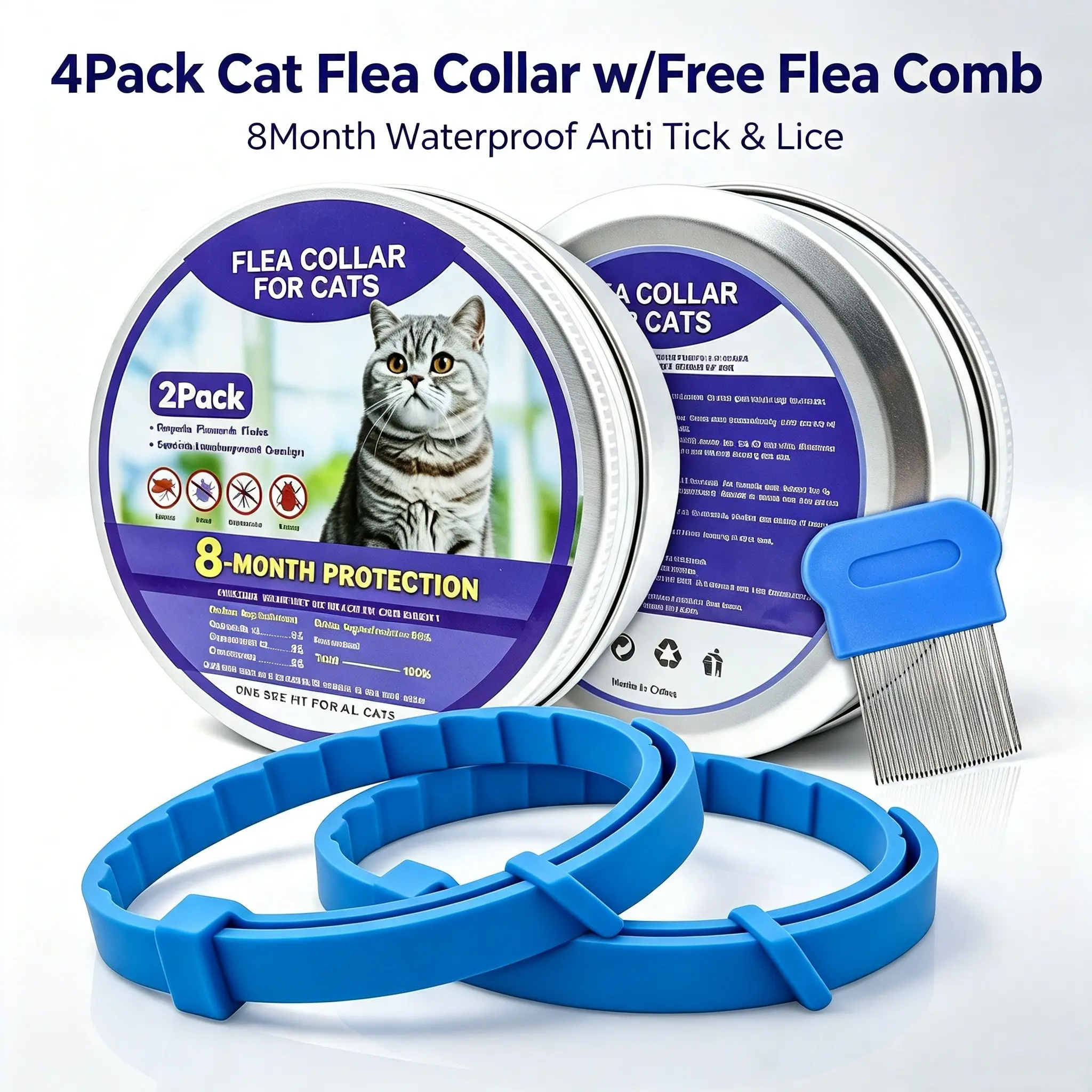 2Pack Natural Cat Flea Tick Collar,8 Months Long Lasting Protection Waterproof Adjustable Kitten Deworming Collar With Free Flea Comb,Anti Lice Mosquito Insect Repellent Pet Collar For All Size Cats,Pet Cat Supplies