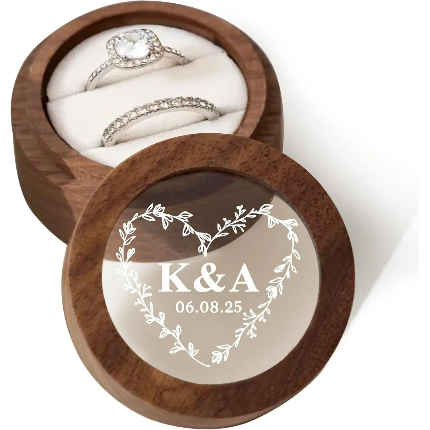 Personalized Wedding Ring Box, Engraved Wooden Engagement Ring Bearer Box with Any Text, Custom Wedding Day Gifts for Her Him Anniversary Proposal (White, Design 3)