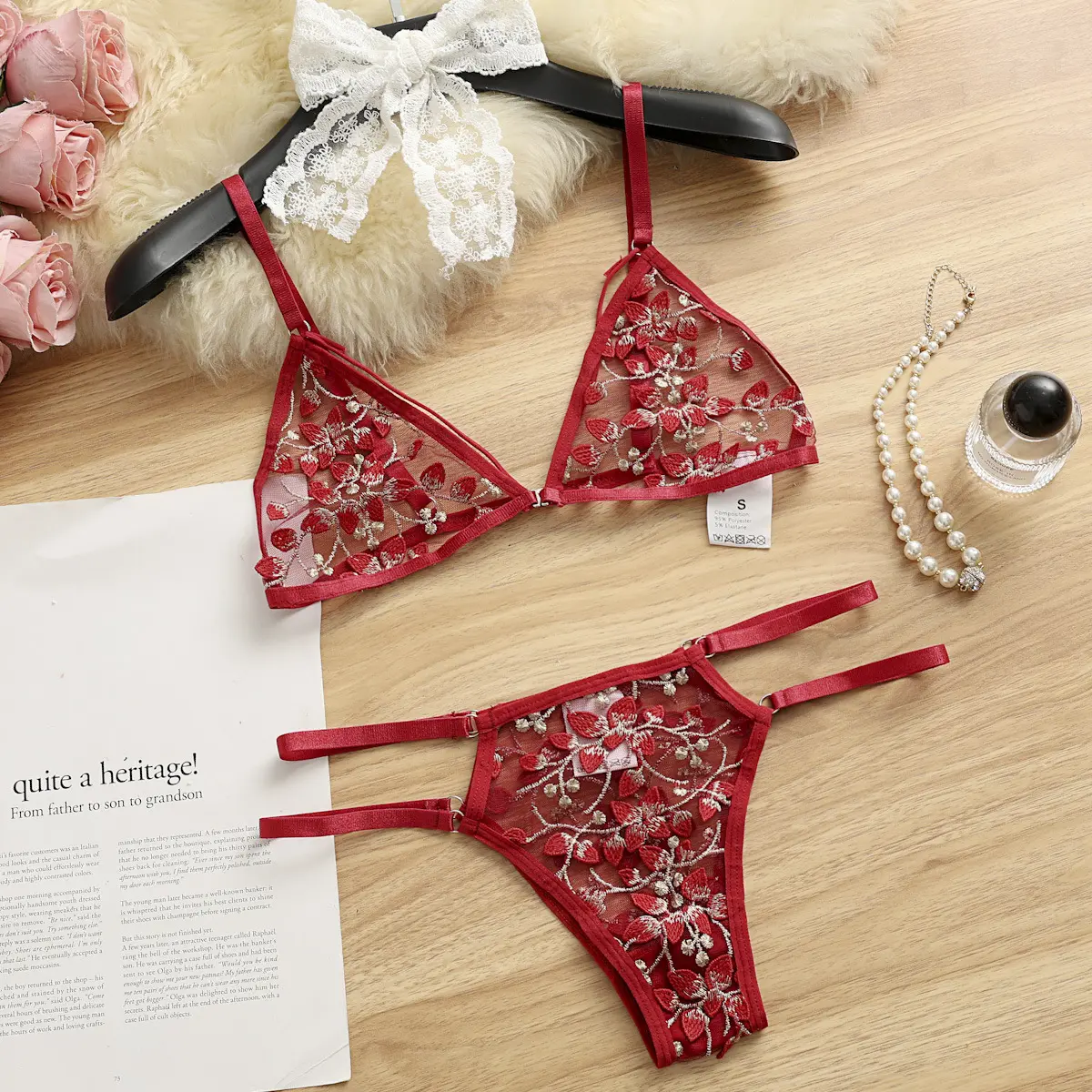 Floral Embroidery Sheer Mesh 2-Piece Lingerie Set, Triangle Bralette & Adjustable Strap Panty Sexy Three-Point Intimate Underwear Kit