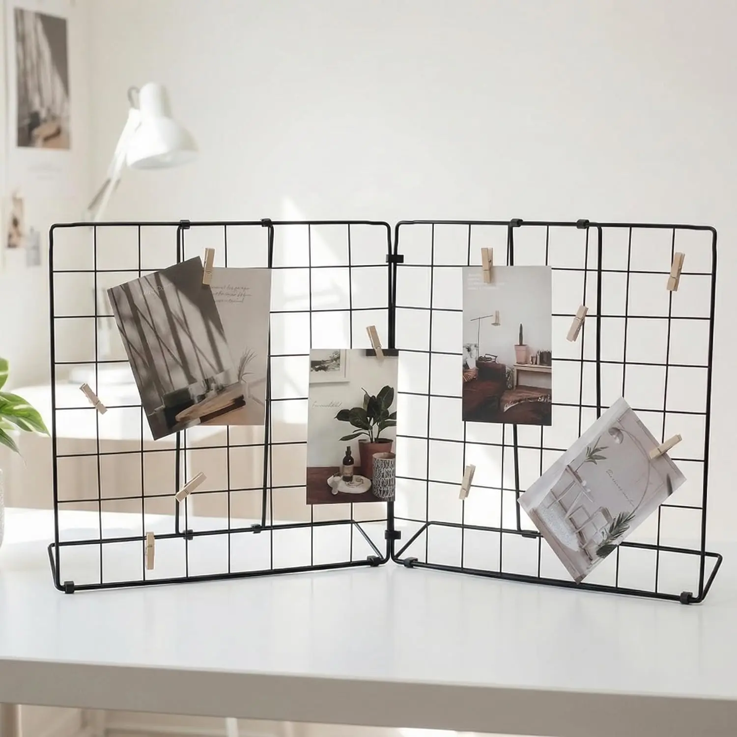 Double-Sided Foldable Photo Display Stand Black | 20 Wooden Clips, Message Board, Detachable to 2 Small Photo Stands, Accessory &  Display Board for  & Office