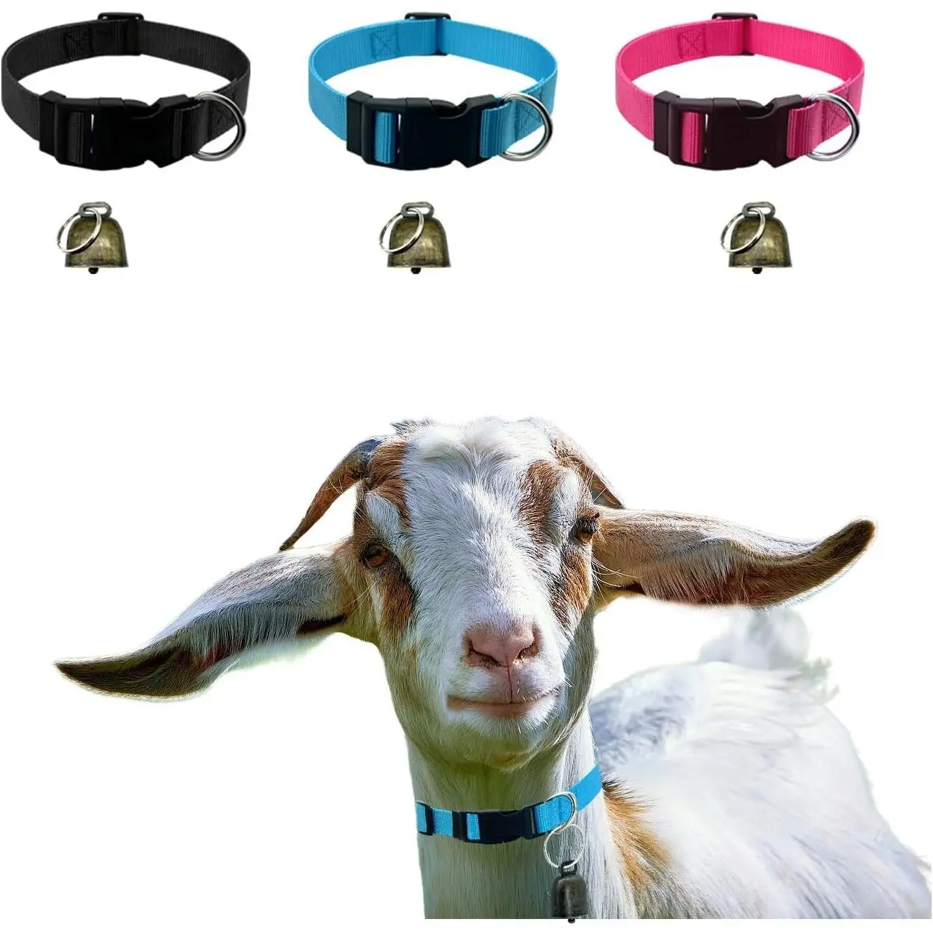 3-Pack Adjustable Nylon Goat Collars with Copper Bells Attached, Flexible Fit Grazing Collars for Goat, Sheep, Small Farm Animals
