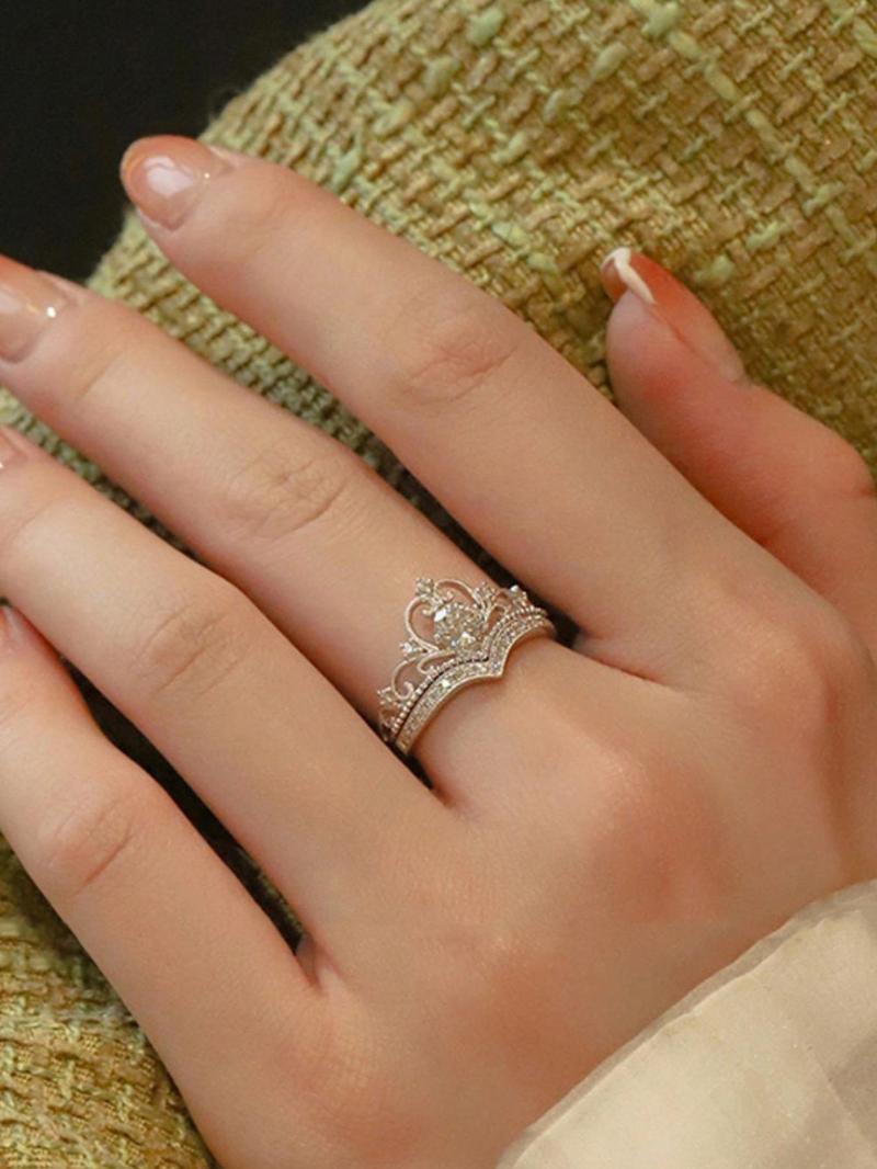 Proposal 2pcs/set Minimalist Elegant Plain Rhinestone Decor Crown Design Engagement Rings, Fashion Wishbone Ring Matching Rings Accessories for Women & Girls, Valentine's Day, Gift
