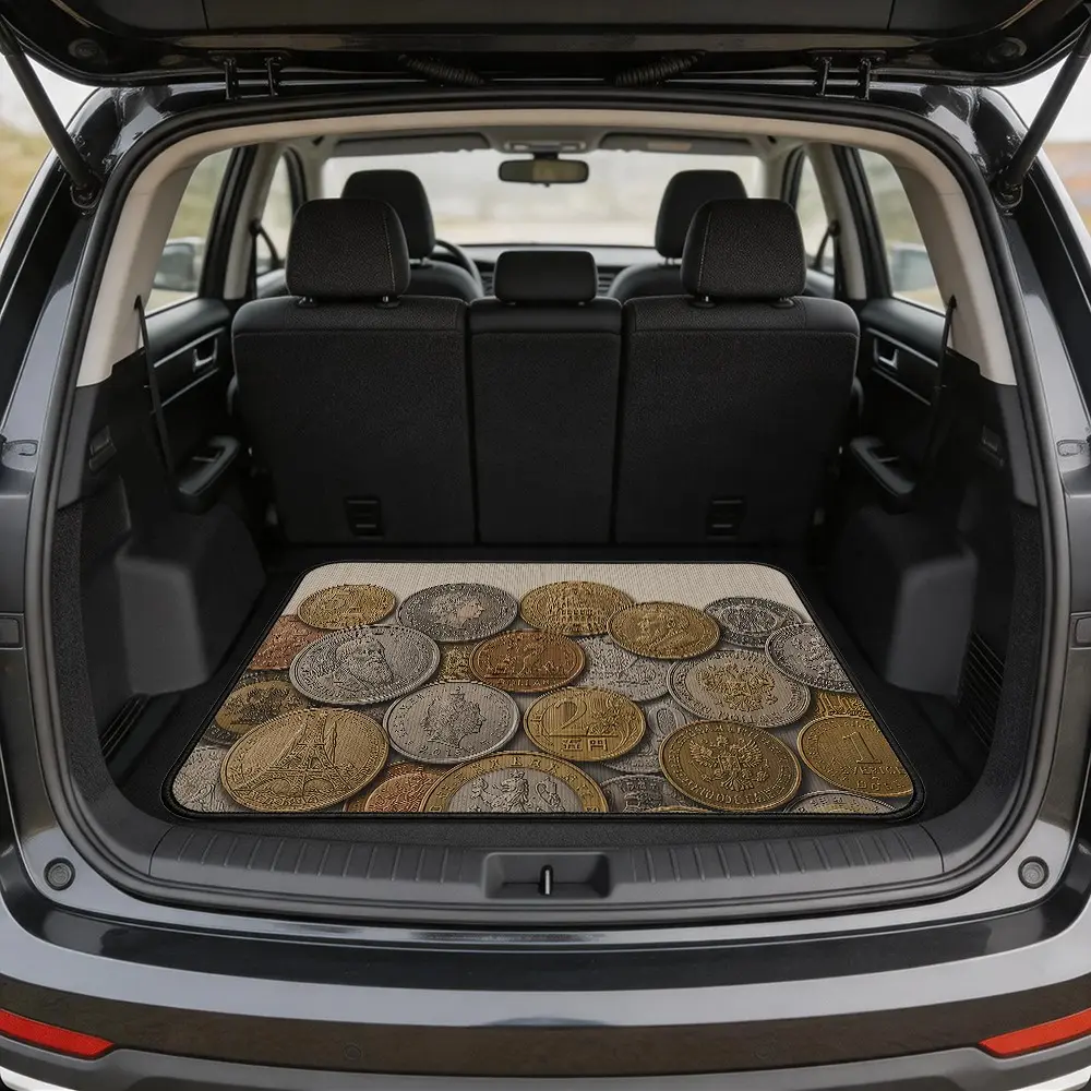 Vintage Gold Silver Coin Pattern Car Trunk Mat, European Old Coin Print Waterproof Anti-Slip Durable Easy Clean, Universal Car Interior Decor Mat