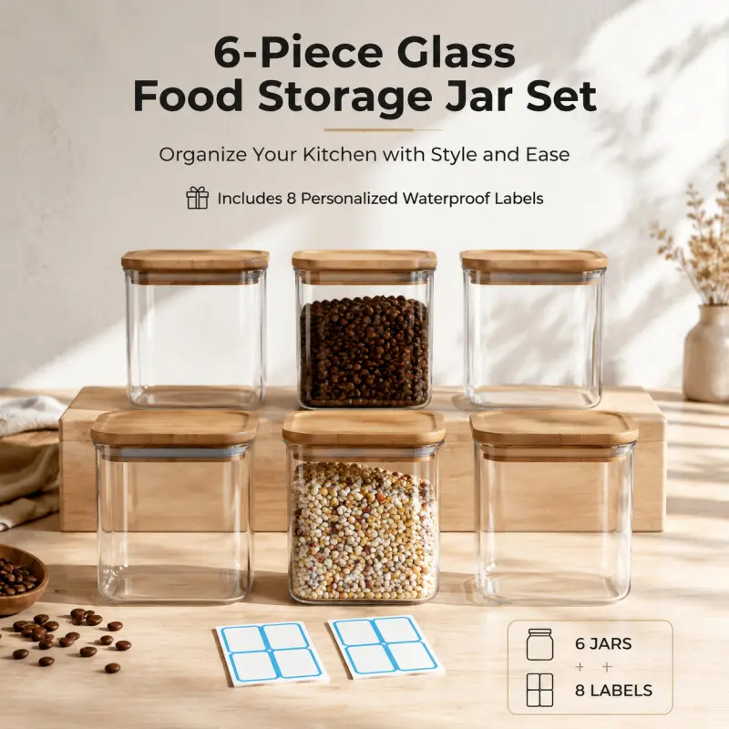 6-Piece Glass Food Storage Jars with Bamboo Lids - Airtight Kitchen Canister Set Clear Container with Waterproof Labels for Pantry Organization