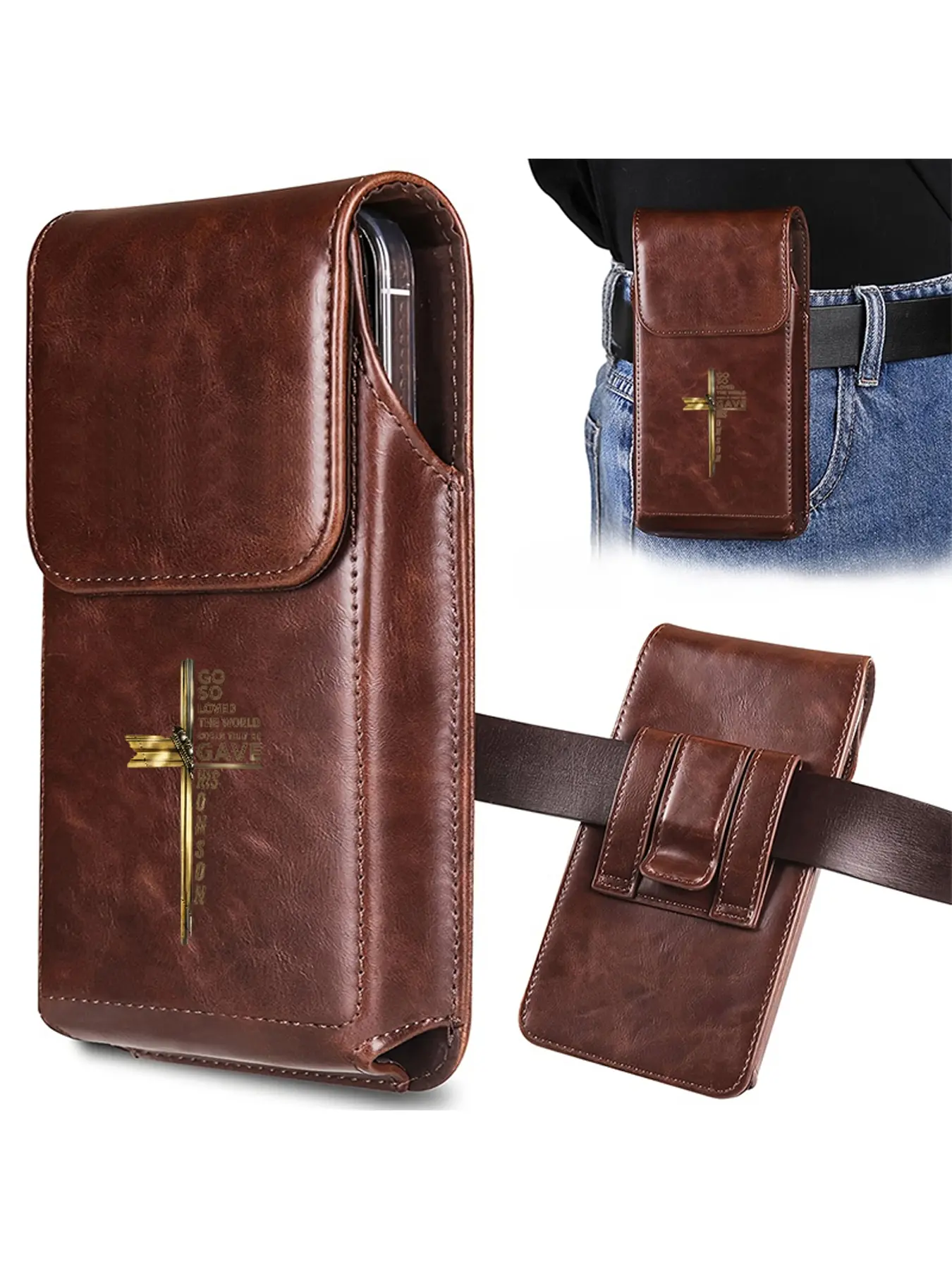 Men's mobile phone storage waist pack, retro style mobile phone waist bag, men's mobile phone bag, decorated with crosses and letters, suitable for multi scene use, birthday gift/Halloween gift/Christmas gift