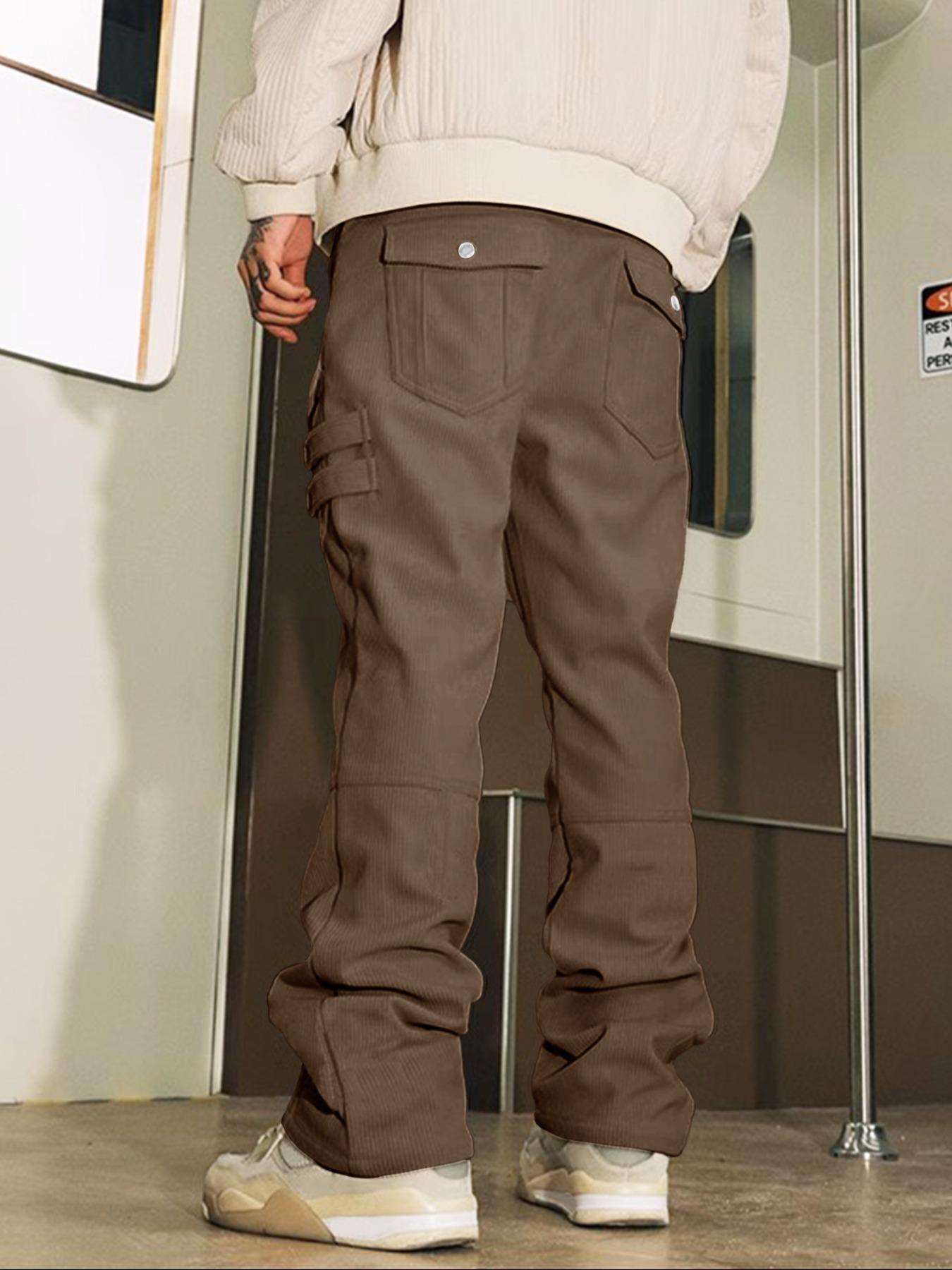 Men's Solid Zipper Pocket Straight Leg Corduroy Pants, Comfortable Street Fashion Casual Comfy Elastic Waist Trousers for Daily Wear, Men's  Streetwear Bottoms for Fall & Winter