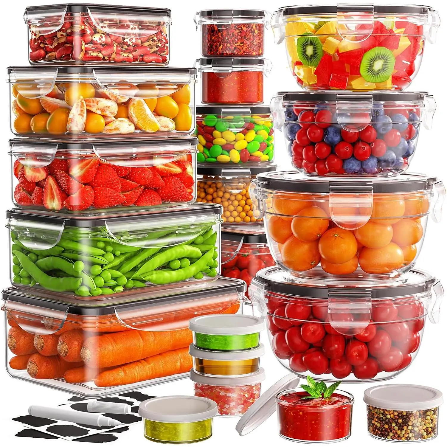 40 count  Storage Containers with  Airtight (20  &20 Containers) - Leakproof Meal-Prep Containers for Kitchen Storage  Plastic Microwave/Dishwasher Safe with Labels & Pen