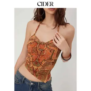 Cider Halter Neckline Floral Asymmetrical Hem Top SummerWins Dealsforyou