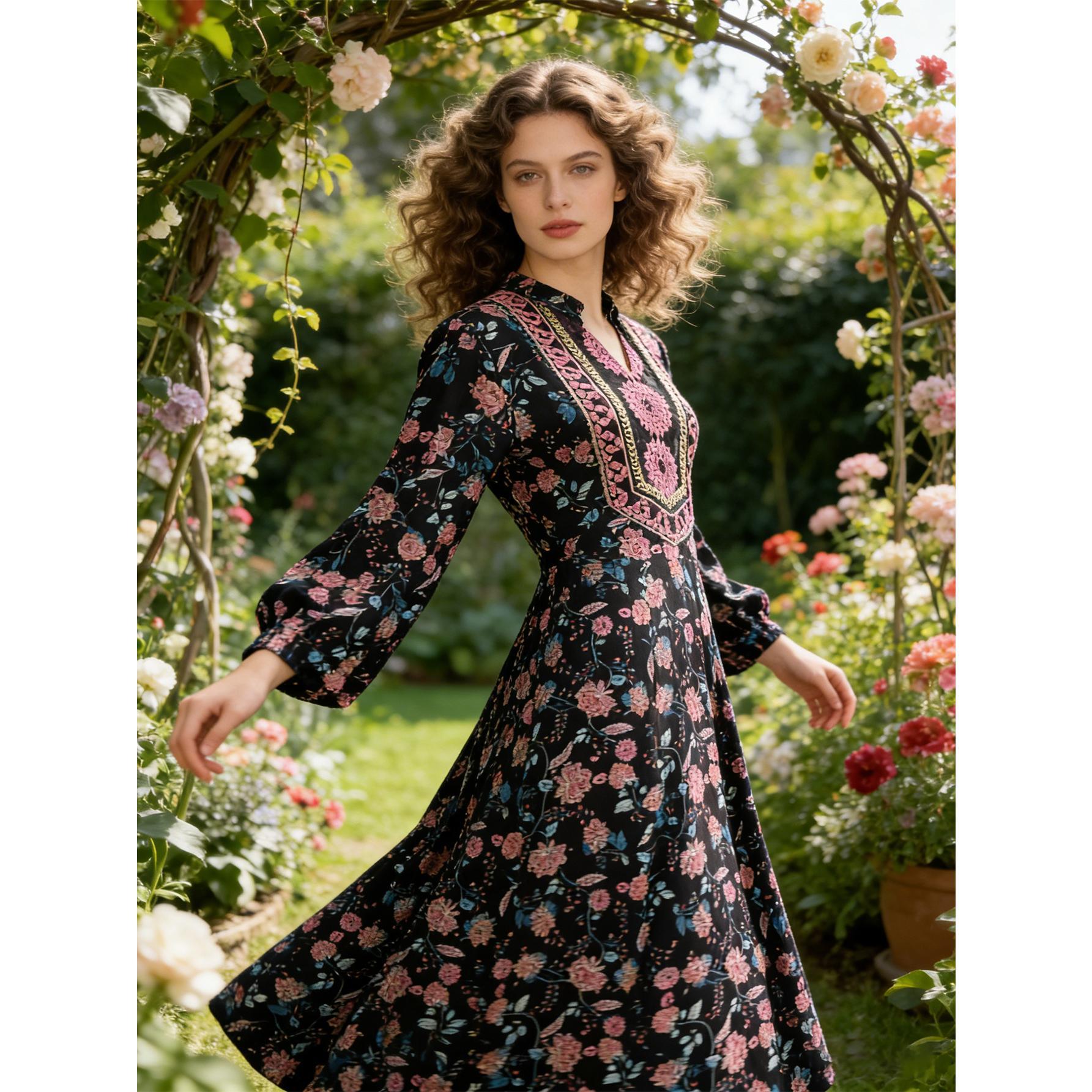 Boho Floral Embroidery Maxi Dress Elegant V-Neck Flowy Gown | Size Inclusive S-4XL Oversize | Perfect for Vacation, Church, Family Photos & Summer Weddings