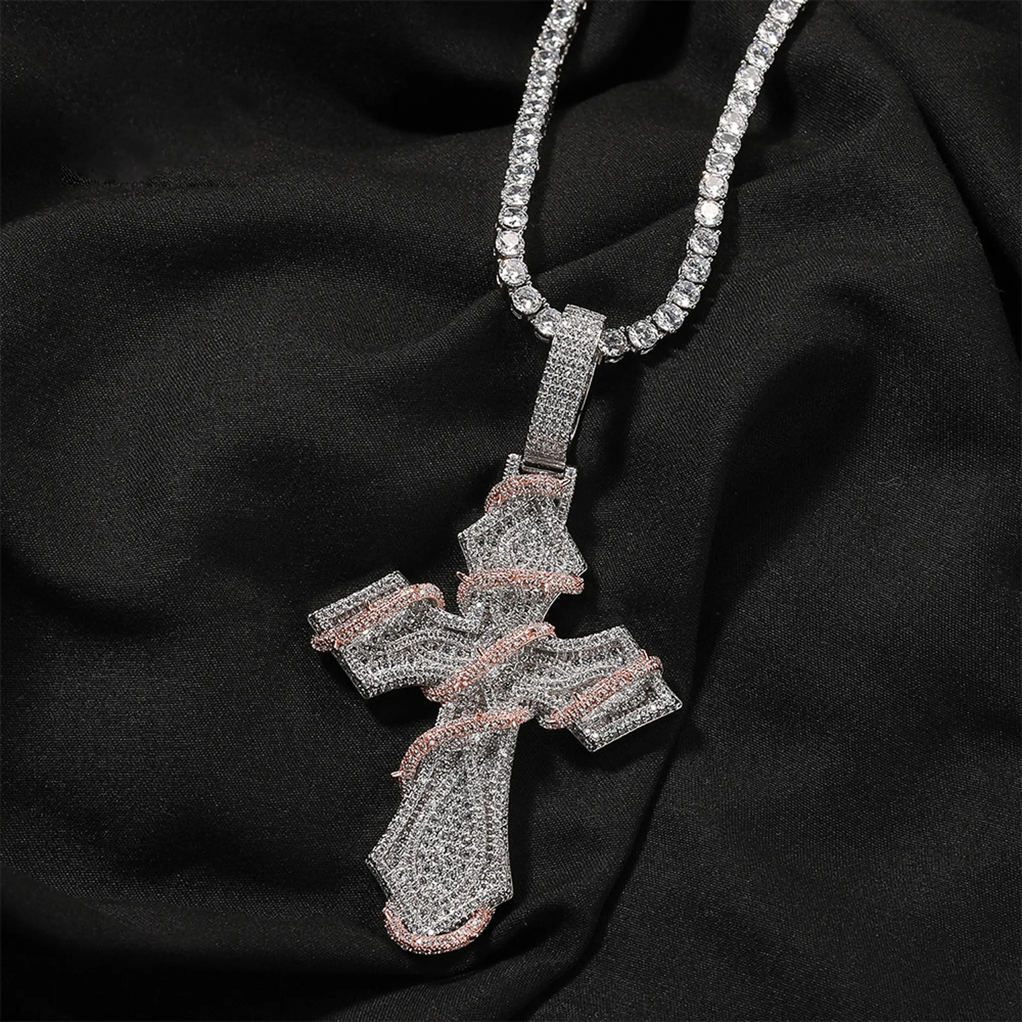 Men's Iced Full Pave Cross Necklace 24 Inch, Silver Twisted Rope Chain design – 5A Cubic Zirconia Hip Hop religious jewelry   for Streetwear, Club & Party, Birthday Valentine Christmas Gift for Him non-tarnish faith Jewelry trendy fashion style