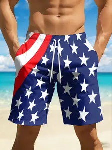 Men's Star Spangled Banner Blue Print Loose Shorts, Drawstring Waist, Quick-Dry Breathable, Fashionable Summer Shorts, Fitness Beach Shorts, Athletic, Summer Beach Party Wear, Activewear, Menswear, Printed Beach Shorts, Beach Shorts Clothes