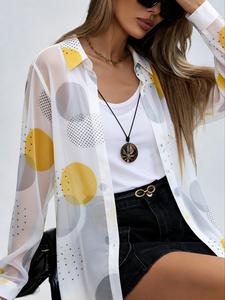 women's all over print asymmetric hem roll up sleeve shirt without tee & necklace, casual high low long sleeve button front top for summer, ladies clothes for daily wear