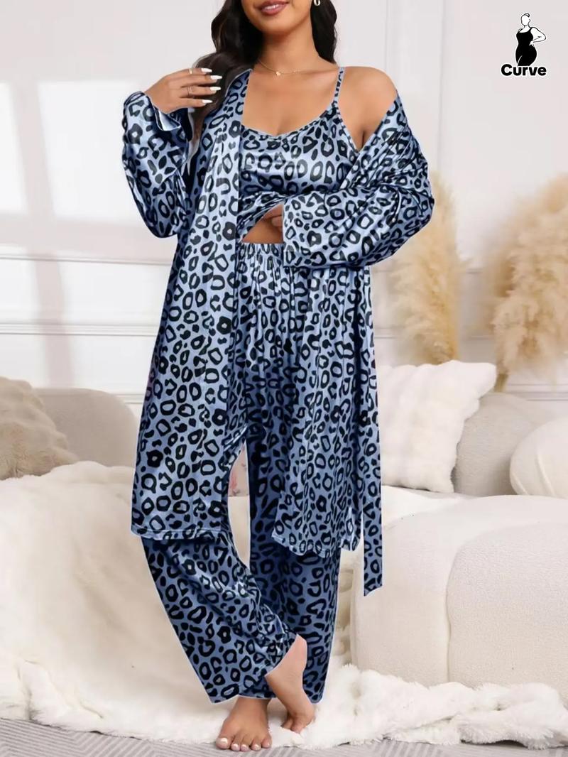 Plus Size Women's  Leopard Print Pajama Set, Casual Comfy Cami Top & Elastic Waist Pants & Long Sleeve Open Front Belted Robe Set, Loungewear Set for Women
