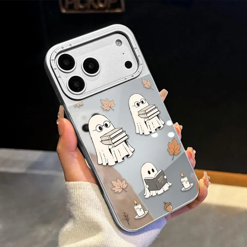 Luxury Silver Mirror Phone Case for iPhone 17 Air/16/15/14/13/12 Pro Max Plus Ghostly Book Lovers Pattern 2-in-1 Electroplated Glossy Back Panel Anti-Shock and Drop-Resistant Hard Shell Shockproof Cover