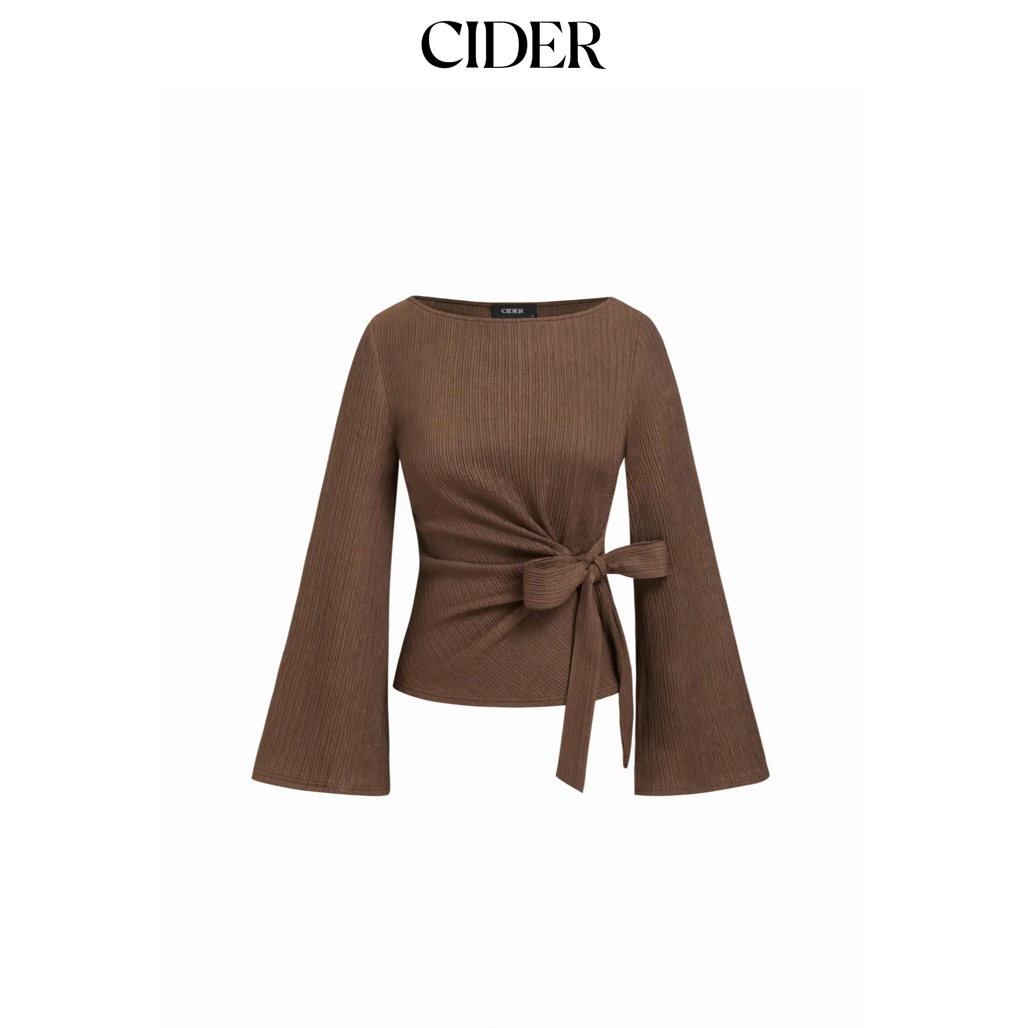 Cider Boat Neck Textured Side Knotted Ruched Long Sleeve Top SummerFinds