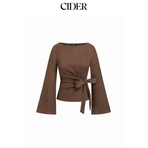 Cider Boat Neck Textured Side Knotted Ruched Long Sleeve Top Dealsforyou