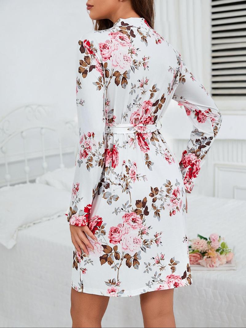 Women's Floral Print Belted  Robe & Cami Nightdress Two-piece Set, Casual Comfy Loungewear Set for Women, Ladies Sleepwear for All Seasons
