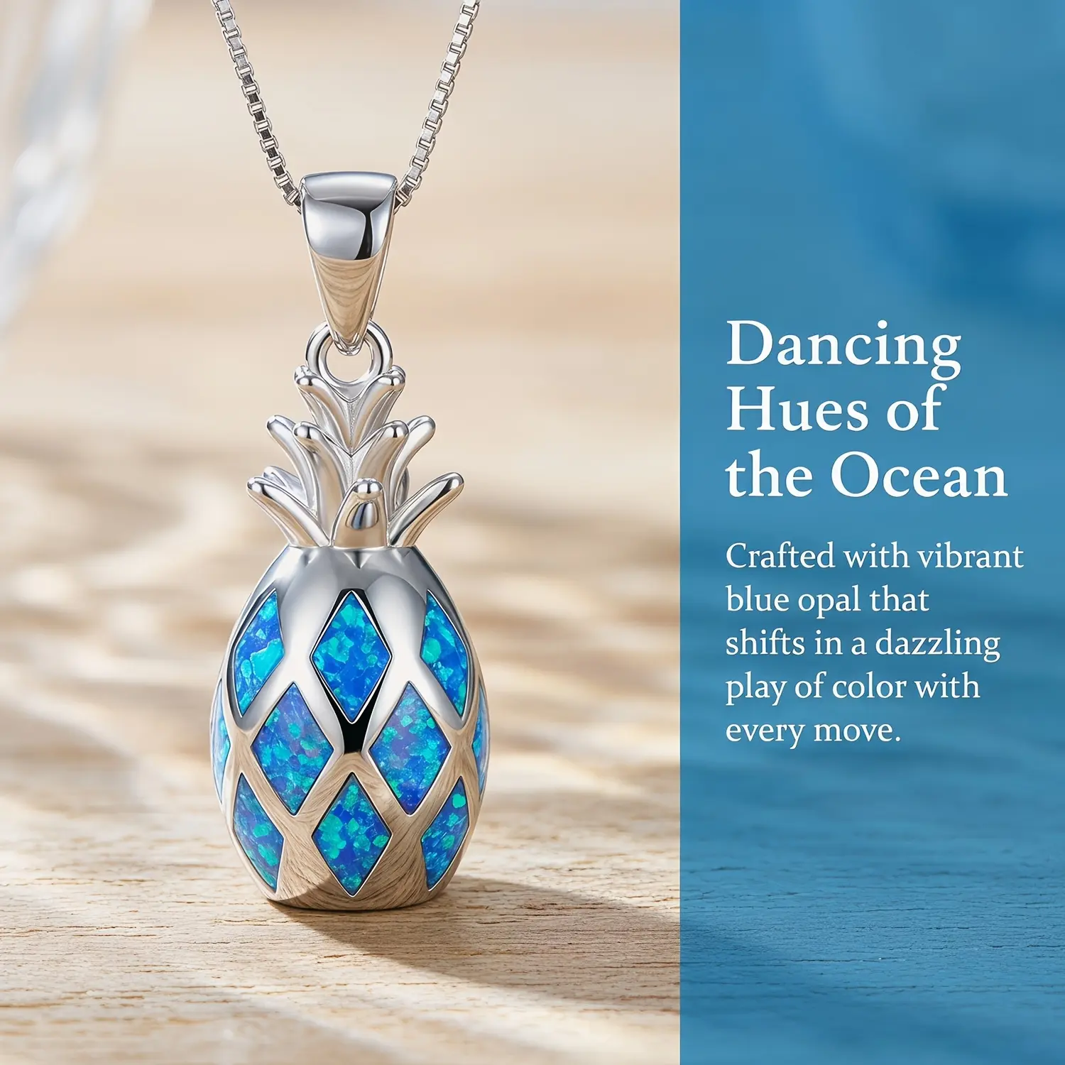 A women's resort-style pineapple pendant with blue opal stone, a fruit pendant that enhances your complexion, perfect for summer and a must-have accessory for seaside vacations