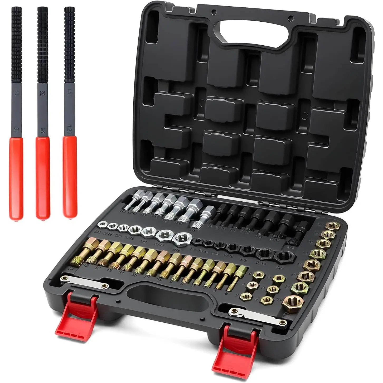 61- Thread Repair Kit, Metric/UNC/SAE Thread Chaser Set with Taps, Dies, Files & Pitch Gauge, Rethreading Tool for Auto Mechanics, DIY - Rethread Damaged Screws, , Nuts