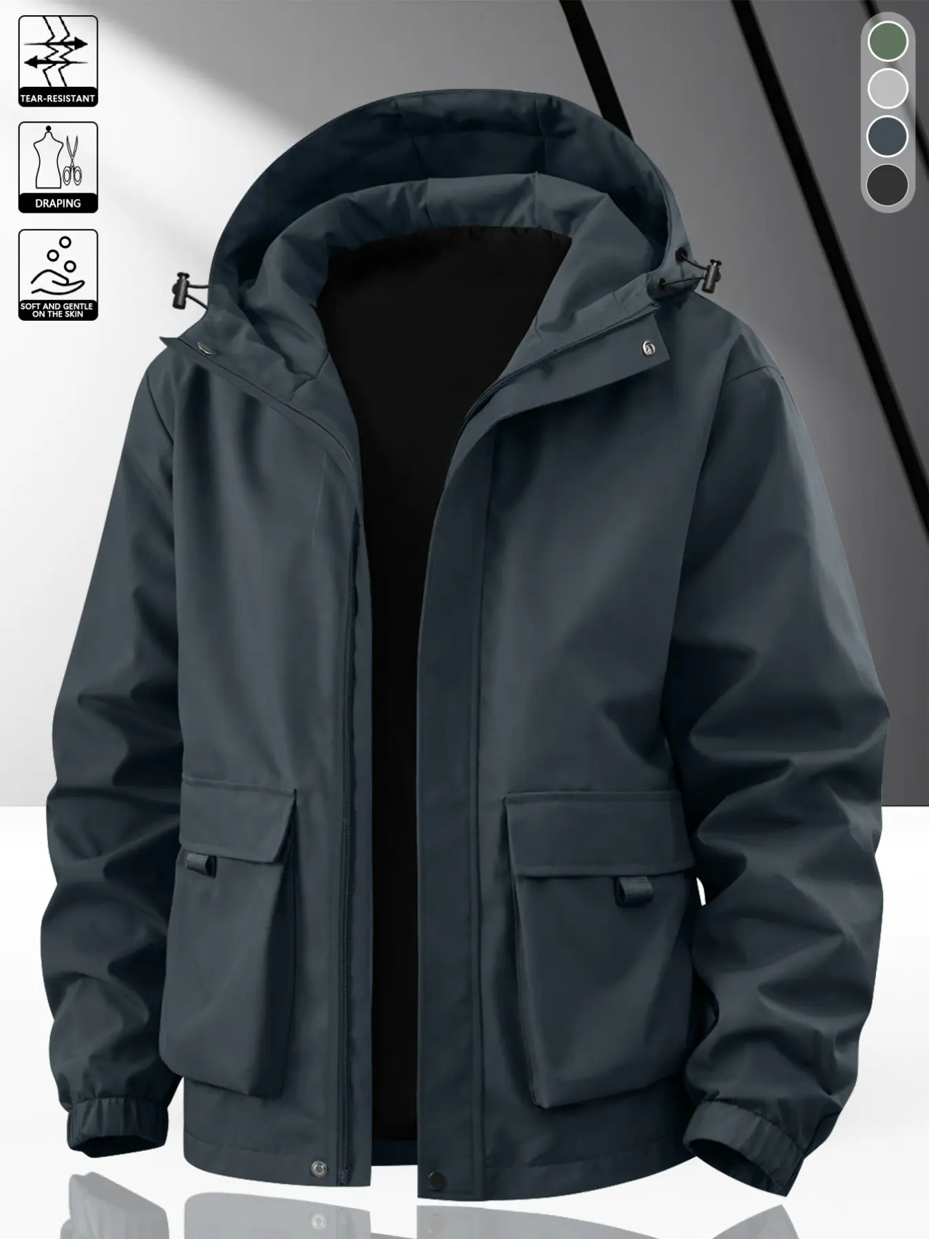 American Style Plain Workwear Hooded Zipper Jacket, Long Sleeve Loose Fit, Casual All-Season Outerwear with Pockets