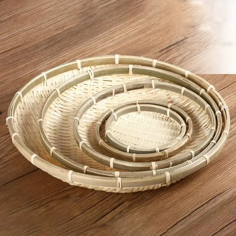 Handmade Woven Bamboo Tray Bamboo Round Bamboo Woven Basket Wicker Bread Basket Living Room